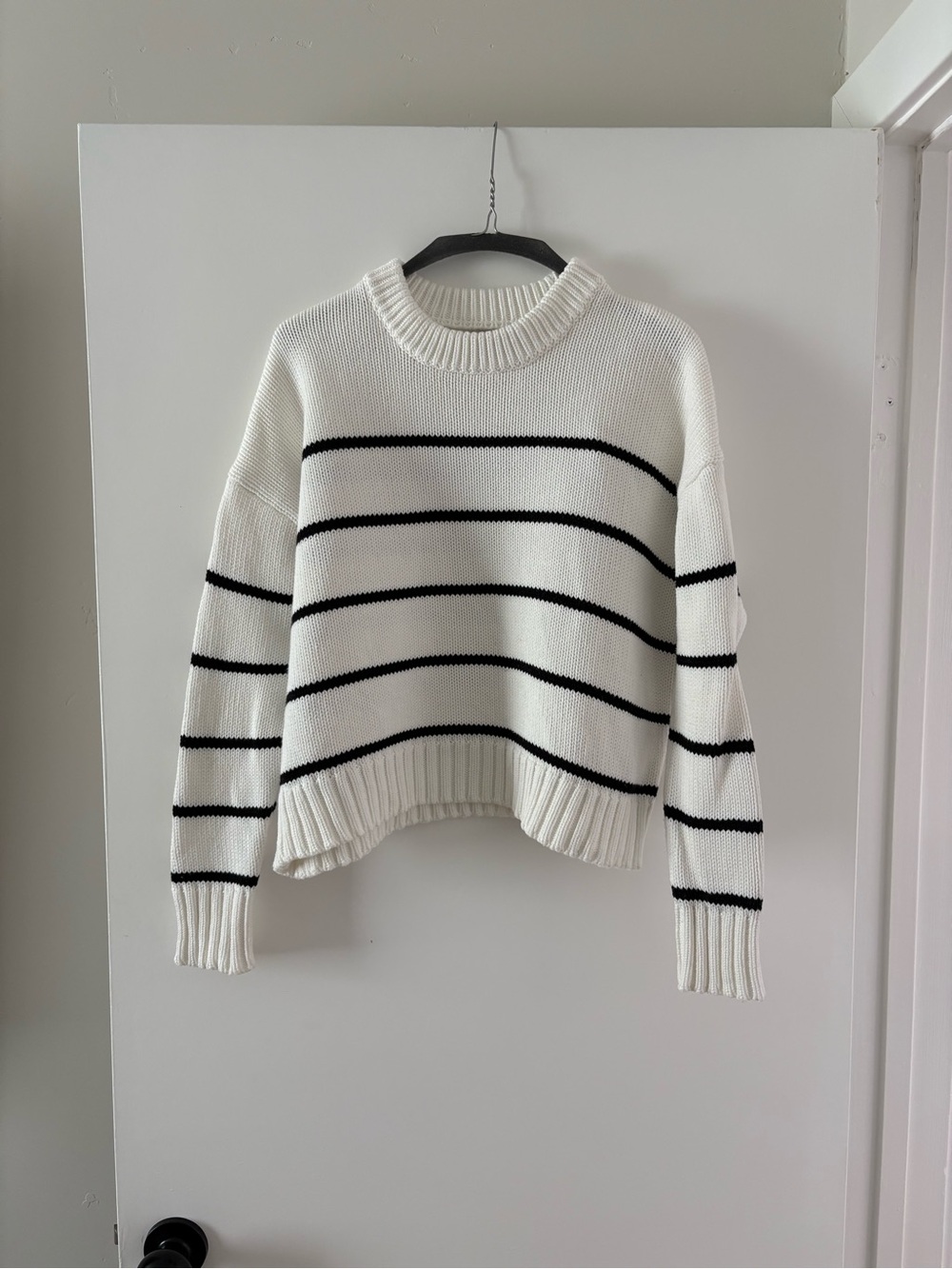 Quince 100% Cotton White Crewneck Sweater with Black Stripes
